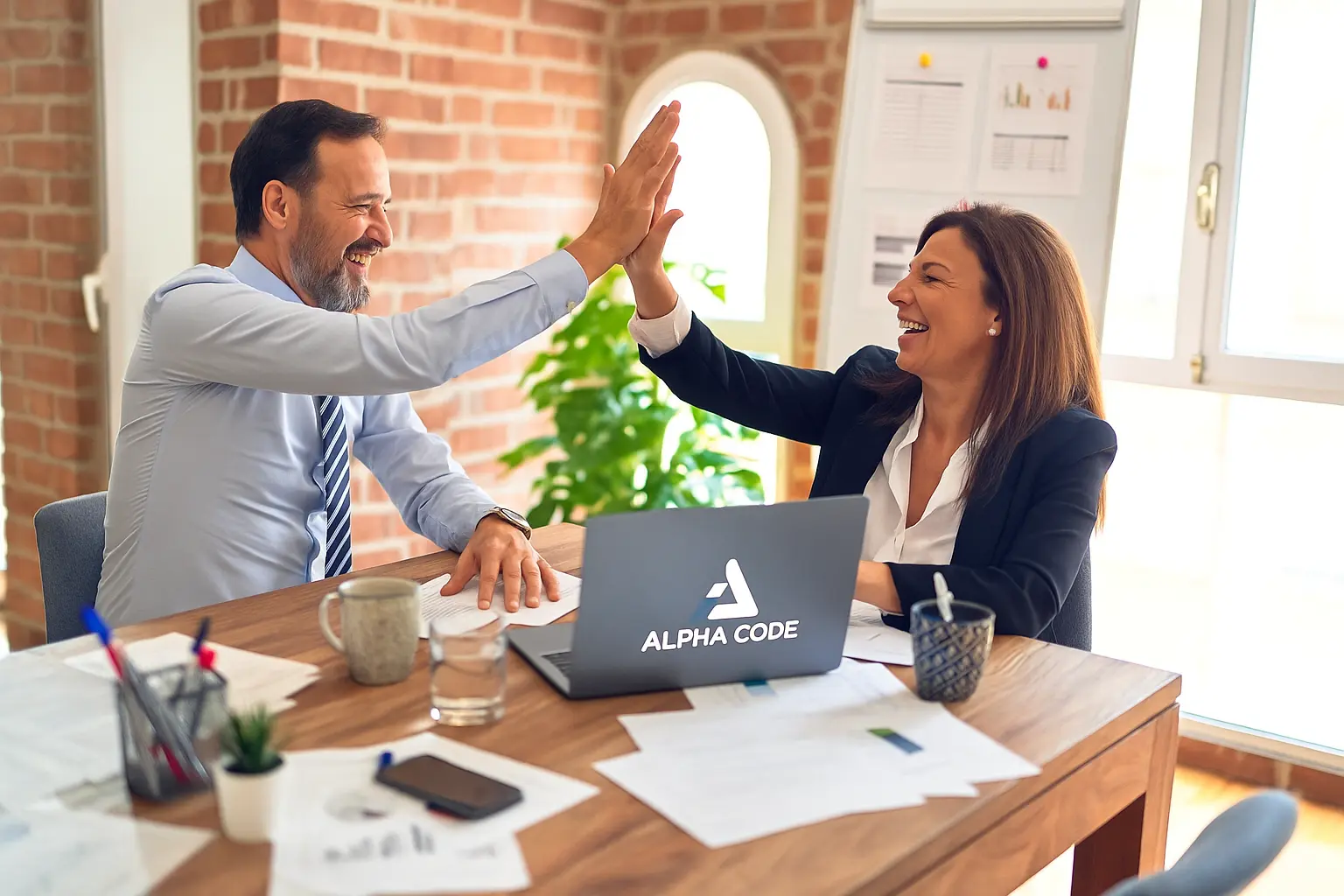 Two business owners high-fiving at a desk with an Alpha Code laptop
